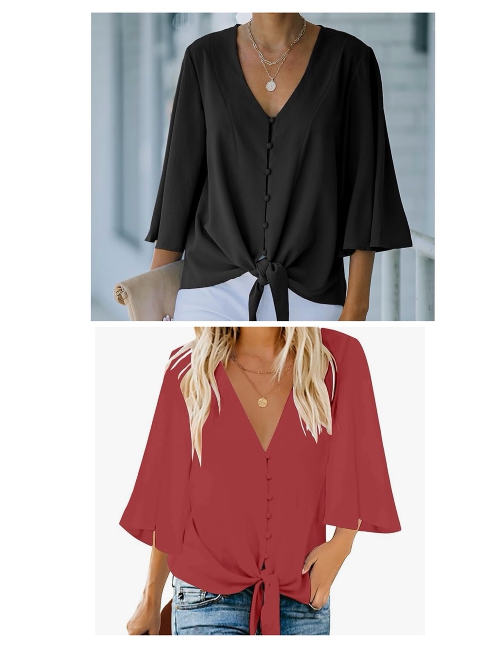 Tie Front Blouses with Bell Sleeves (2 sold together)